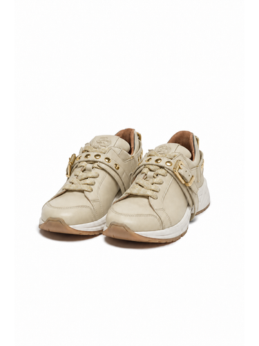 BAMBURI BA0082-00 beige leather sneakers with cream and gold laces, perspective view
