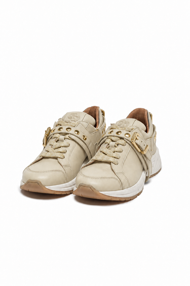 BAMBURI BA00820-00 beige leather sneakers with cream and gold laces, perspective view