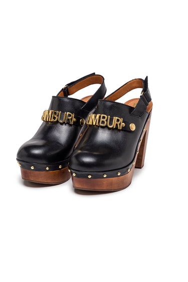 Black Leather Platform Slingback Clogs with Studs — view 1