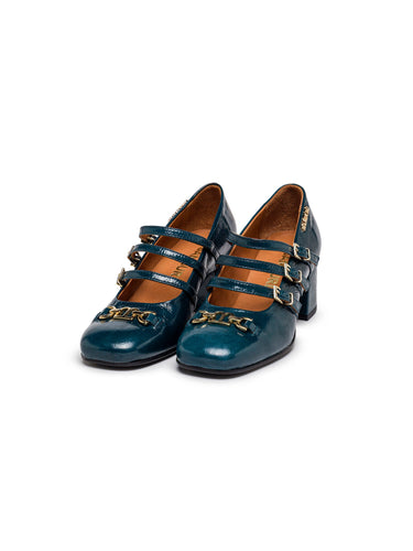 Pair of deep-blue patent BAMBURI Mary Jane pumps with three straps and block heels