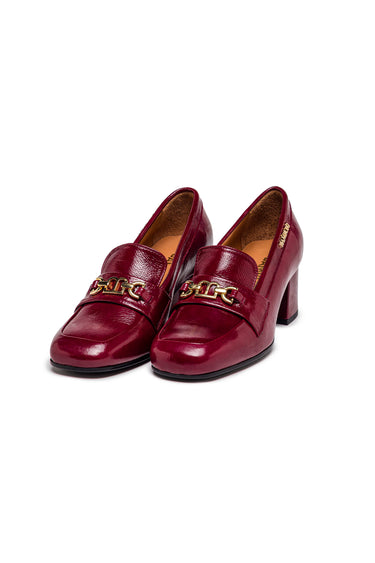 Burgundy Patent Leather Heeled Loafers with Gold Chain — view 1