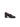Side view of black leather heeled loafer with silver studs, chain and block heel