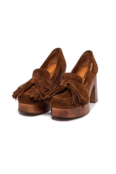 Brown Suede Platform Loafers with Tassels — view 1