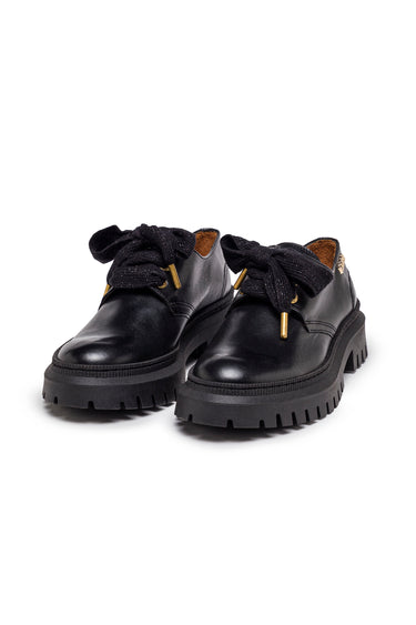 Black Leather Chunky Lace-Up Shoes with Oversized Laces - view 1
