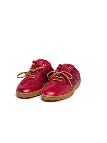 Pair of burgundy BAMBURI backless sneakers with monogram fabric, contrast laces and gum soles