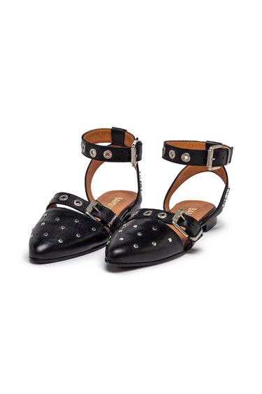 Black Leather Pointed Flats with Studded Ankle Strap — view 1