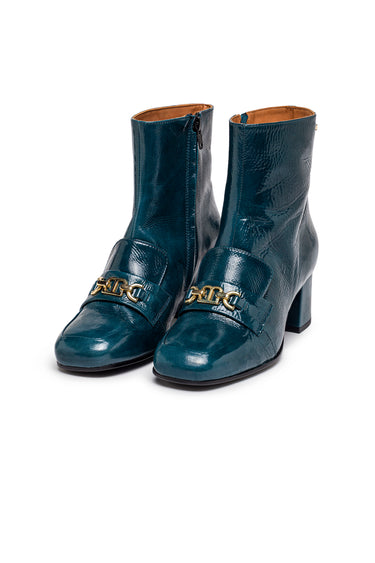 Deep Blue Leather Ankle Boots with Gold Hardware — view 1