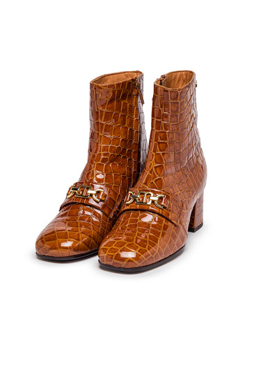 Camel Croc-Embossed Leather Ankle Boots — view 1