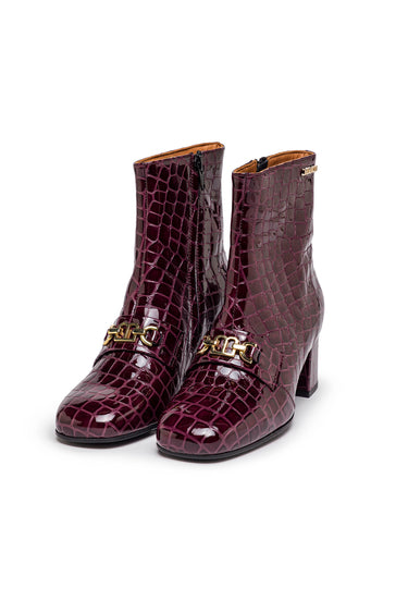 Burgundy Croc-Embossed Leather Ankle Boots — view 1