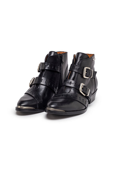 Black Leather Pointed Ankle Boots with Buckles — view 1