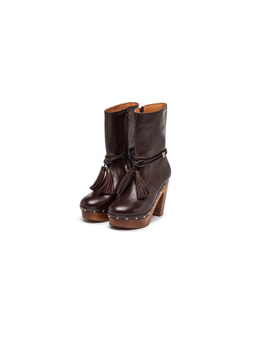Brown Leather Platform Ankle Boots with Fringe — view 1