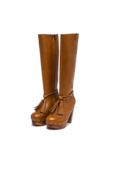 Camel Leather Knee-High Boots with Fringe — view 1