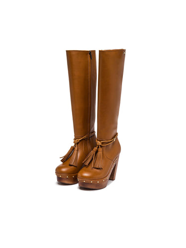 Camel Leather Knee-High Boots with Fringe — view 1
