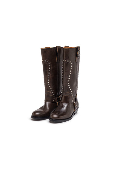 Brown Leather Tall Biker Boots with Studs — view 1