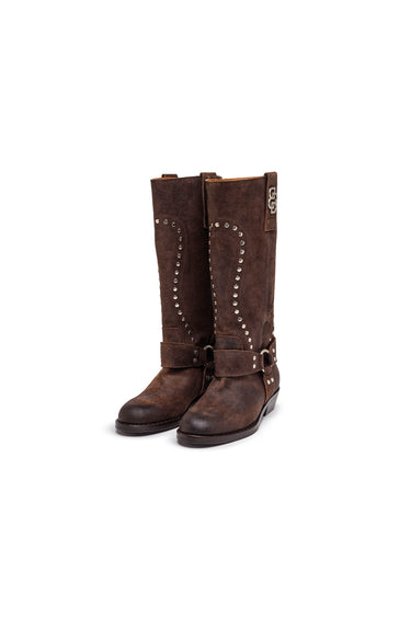 Rustic Black Leather Tall Biker Boots with Studs — view 1