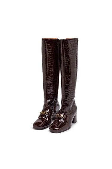 Brown Croc-Embossed Leather Knee-High Boots — view 1