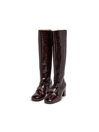 Brown Croc-Embossed Leather Knee-High Boots — view 1