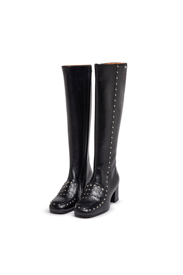 Black Leather Knee-High Boots with Studs — view 1