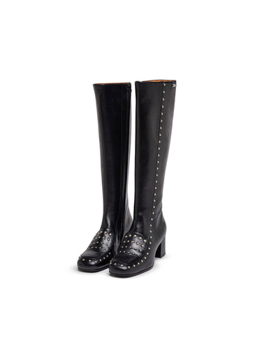 Black Leather Knee-High Boots with Studs — view 1