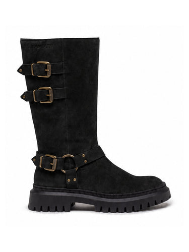 BE0052-01 — Black leather knee-high boots with buckles — side view