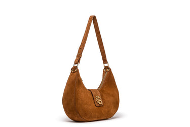 Camel Suede Crescent Bag with Logo Charm — view 1