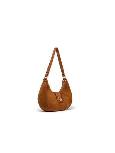 Camel Suede Crescent Bag with Logo Charm — view 1