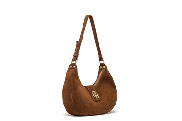 Brown Suede Crescent Bag with Logo Charm — view 1