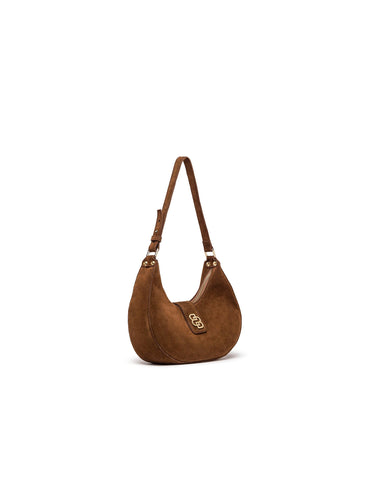 Braune Halbmondtasche aus Wildleder mit Logo-Charm — Ansicht 1