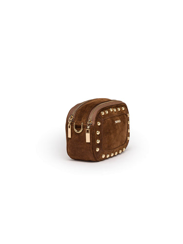 Borsa a tracolla camera bag in camoscio marrone con borchie