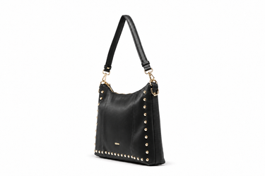 BJ0020-00 — Black leather studded shoulder bag — perspective