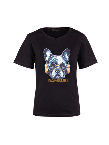 Black BAMBURI cotton T-shirt with a French bulldog wearing headphones and a gold logo