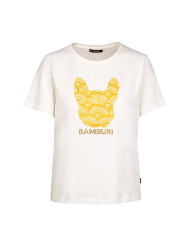 イエローのマンダラ柄フレンチブルドッグ グラフィックを配したヌードカラーBAMBURIコットンTシャツ