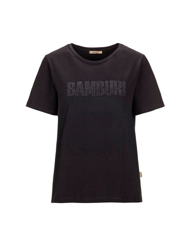 Black BAMBURI T-shirt with subtle tone-on-tone logo lettering across the chest
