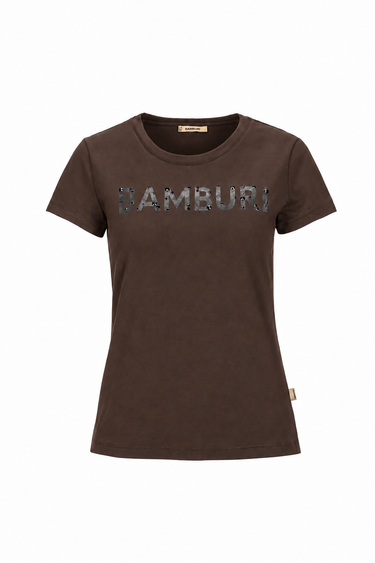 Brown T-Shirt with Crystal BAMBURI Logo — BQ0032-015