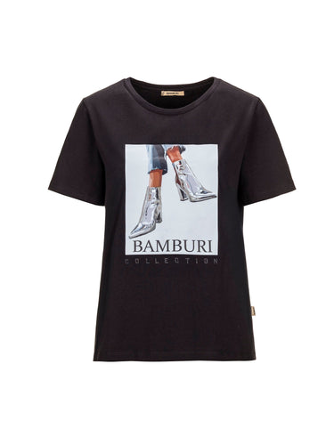 T-shirt BAMBURI noir avec illustration de bottes métallisées et lettrage COLLECTION