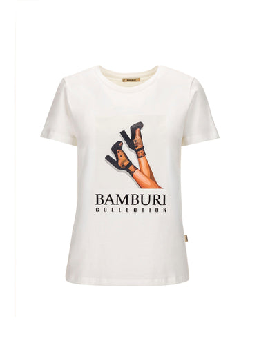 Ecrufärgad T-shirt med illustration av klackskor