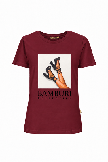BAMBURI BQ0035-050 burgundy T-shirt with high-heel illustration on white print panel, front view