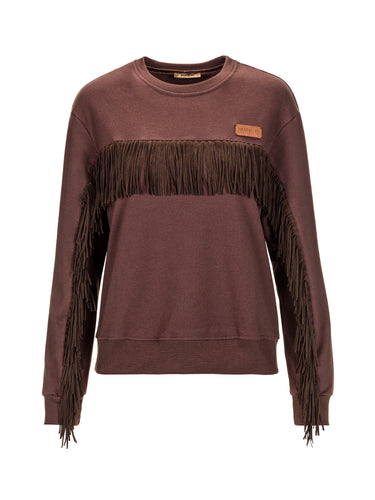 Front view of brown BAMBURI crewneck sweatshirt with long fringe across the chest and sleeves