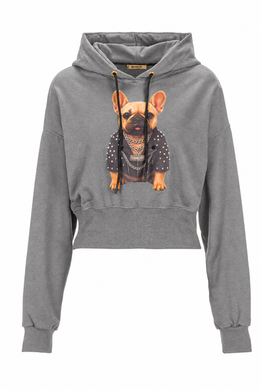 BAMBURI BT0014-018 grey cropped hoodie with bulldog print, front view