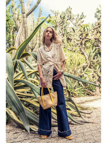 Raffia Tote Bag with Yellow Leather Handles