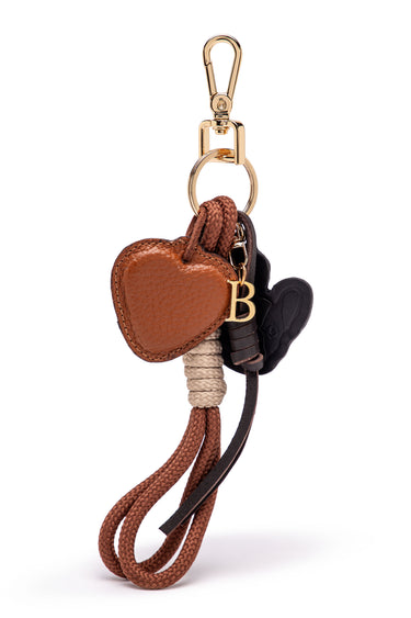 BAMBURI keychain with brown leather heart, black signature charm, gold-tone B and braided cords