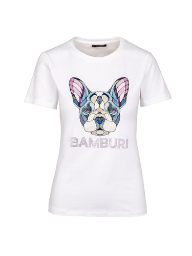 멀티컬러 모자이크 도그 그래픽과 크리스털 로고를 더한 화이트 BAMBURI 코튼 티셔츠