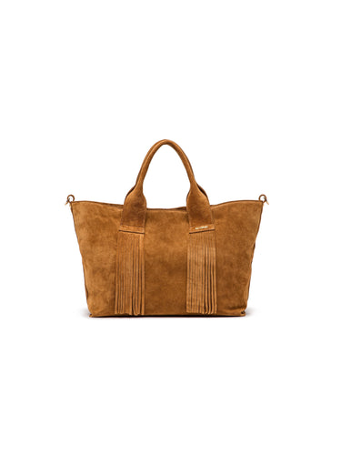 Front view of camel BAMBURI suede tote bag with double handles and fringe panels