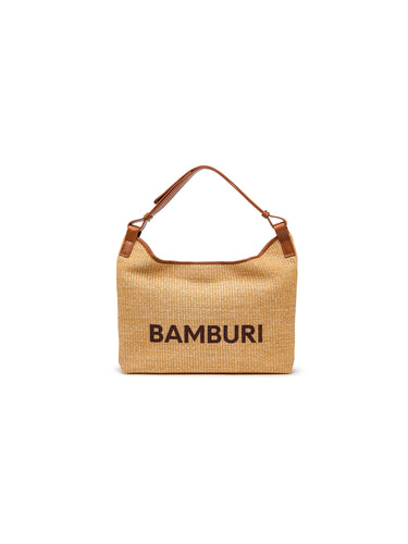 브라운 레더 트리밍과 로고 레터링을 갖춘 내추럴 위빙 BAMBURI 숄더백