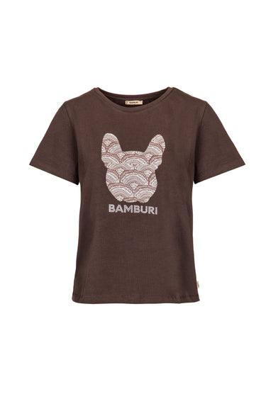 화이트 만다라 패턴 프렌치 불도그 그래픽을 더한 브라운 BAMBURI 코튼 티셔츠