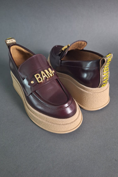 Platform Loafers with Burgundy Leather and Golden Accents