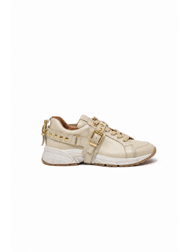 BAMBURI BA0082-00 beige leather sneakers with cream and gold laces, side view