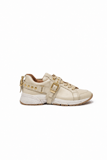 BAMBURI BA00820-00 beige leather sneakers with cream and gold laces, side view