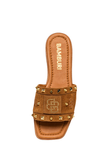 Sandálias Slide em Camurça Camel com Tachas e Logótipo Dourado