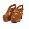 Camel Leather Platform Clogs with Back Strap and Studs